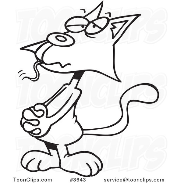 581x600 Cartoon Black And White Line Drawing Of A Guilty Cat With A Mouse