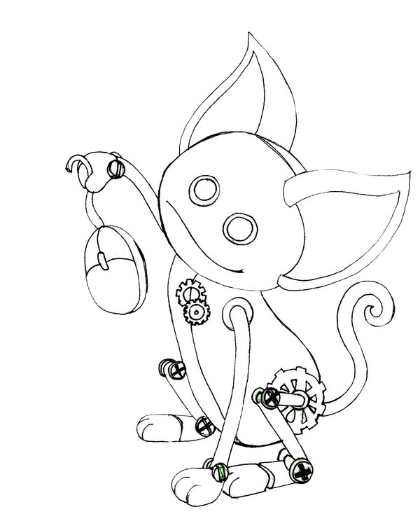 600x744 Robot Cat With Mouse By Cl Pinkskull