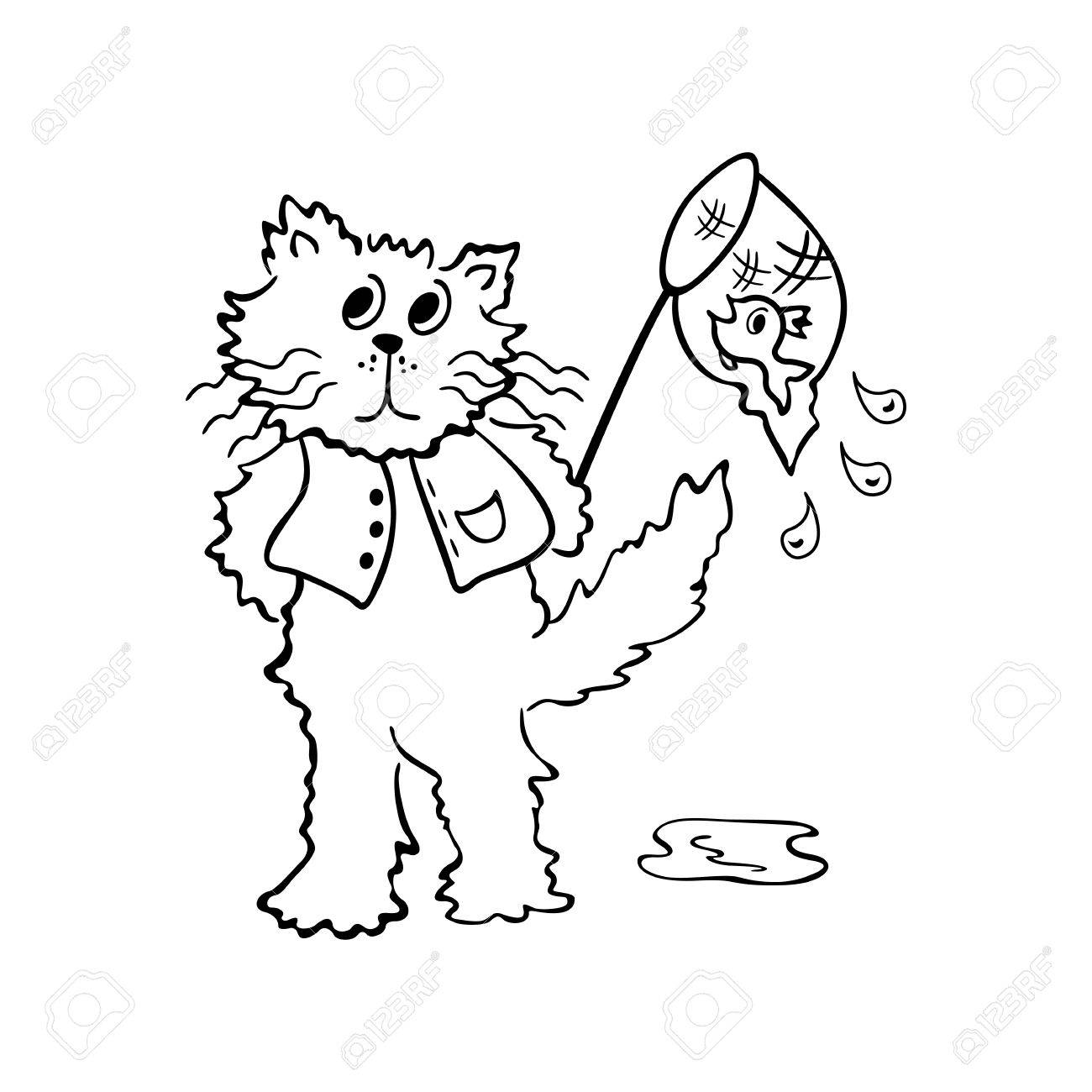 1300x1300 Cats Looking For Fish. Outlined Cartoon Drawing Sketch