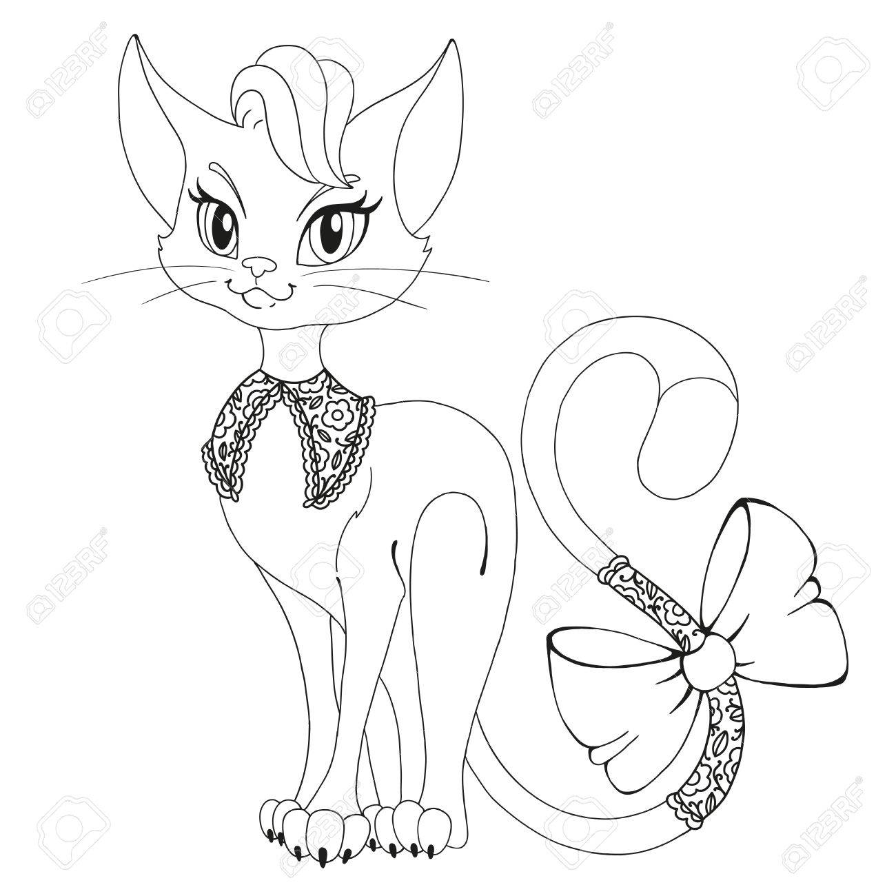 1300x1300 Coloring Book Page. A Beautiful Cat. Cat With A Bow. Contour