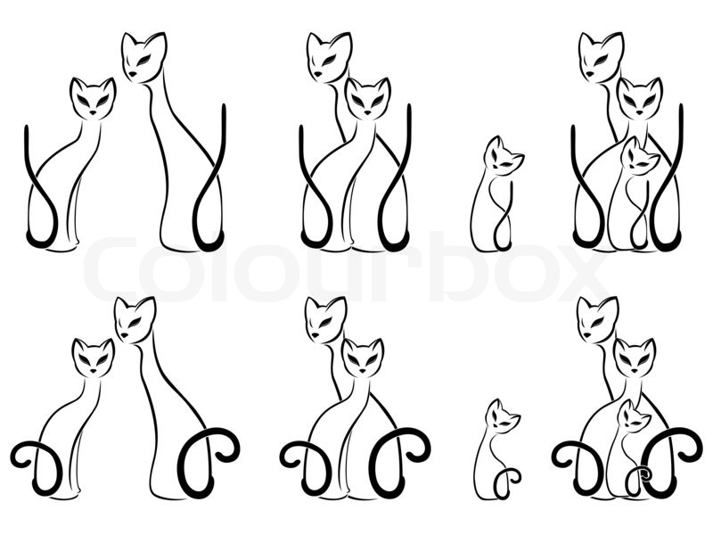 800x600 Set Of Contour Sketches Of Cat Families, Cartoon Illustration Over