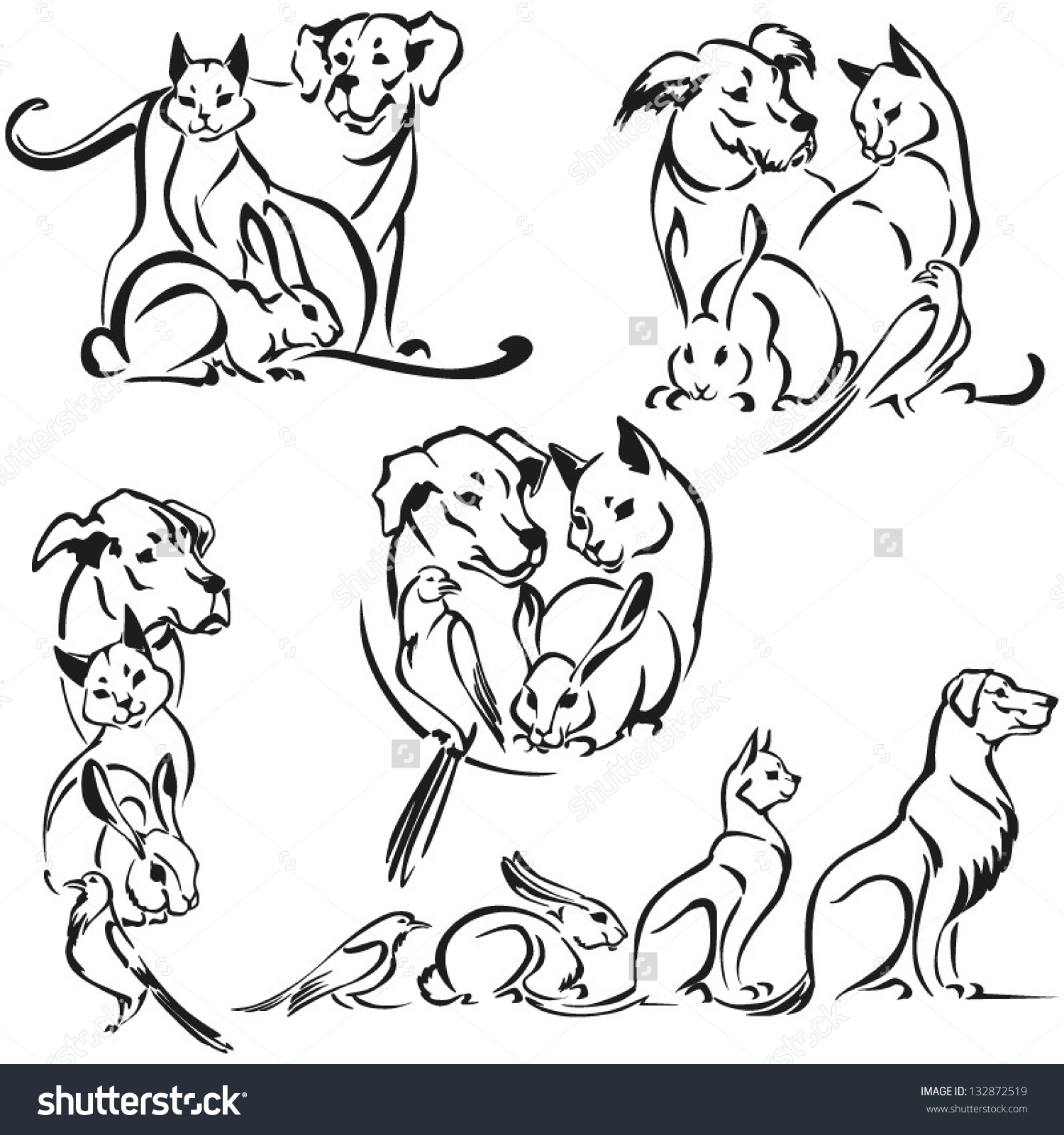 1500x1600 Dog And Cat Drawing Dog Cat Rabbit Bird Brush Drawingbased Stock