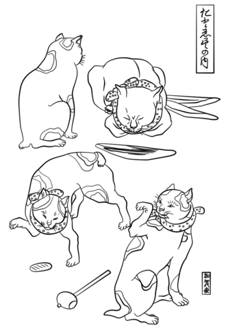 333x480 Four Cats In Different Poses By Utagawa Kuniyoshi Coloring Page