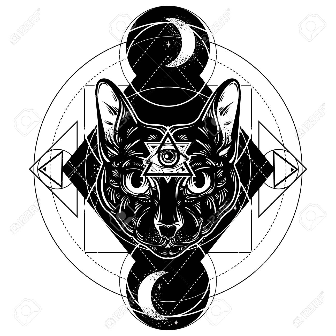 1300x1300 Vector Hand Drawn Ilustration Of Cat. All Seeing Eye Pyramid