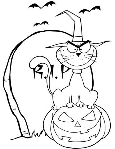 371x480 Halloween Cat On Pumpkin Near Tombstone Coloring Page Free
