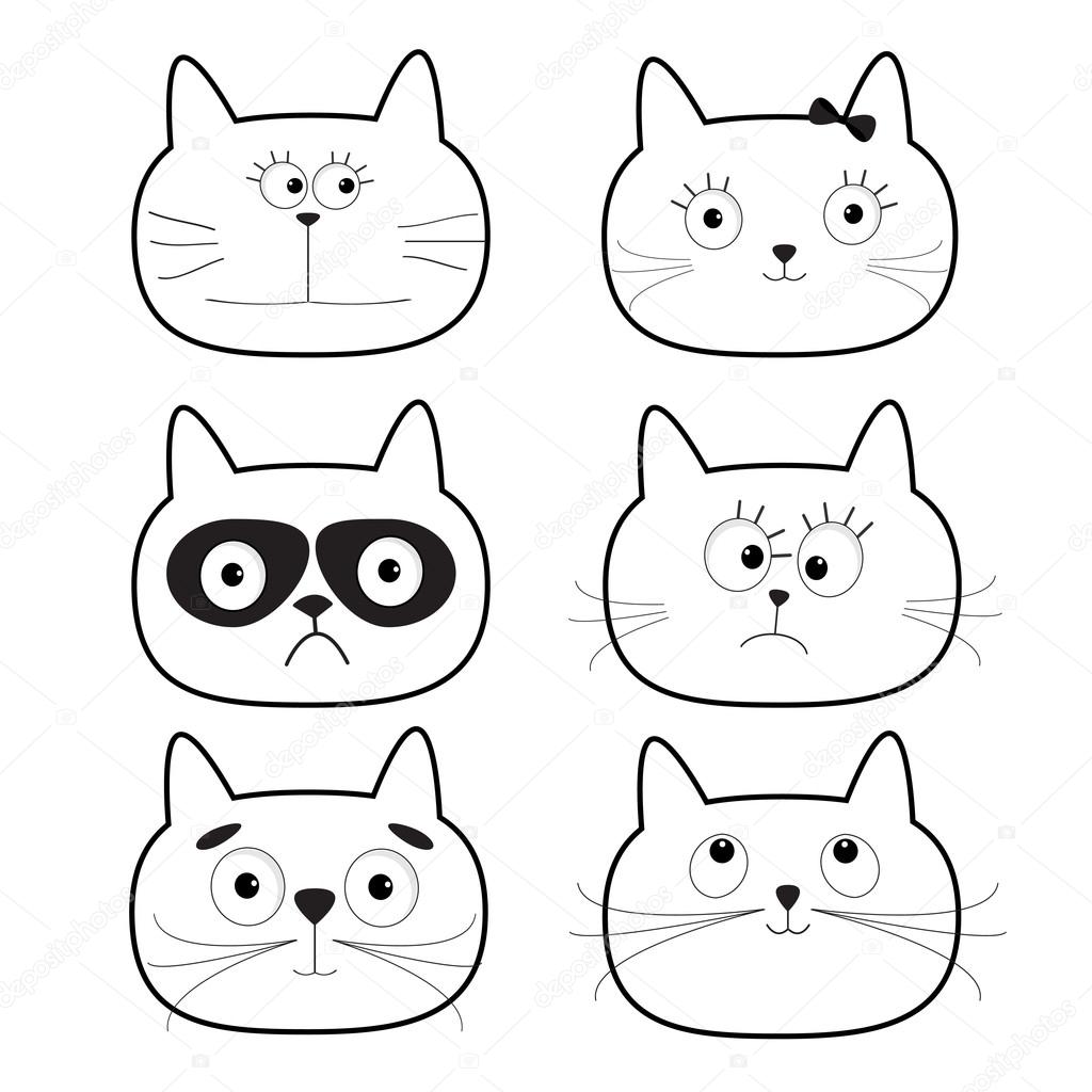 1024x1024 Cute Black Contour Cat Head Set Stock Vector Worldofvector