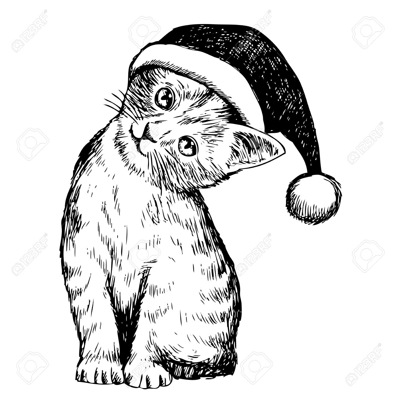1300x1300 Freehand Sketch Illustration Of Kitten Cat With Christmas Hat