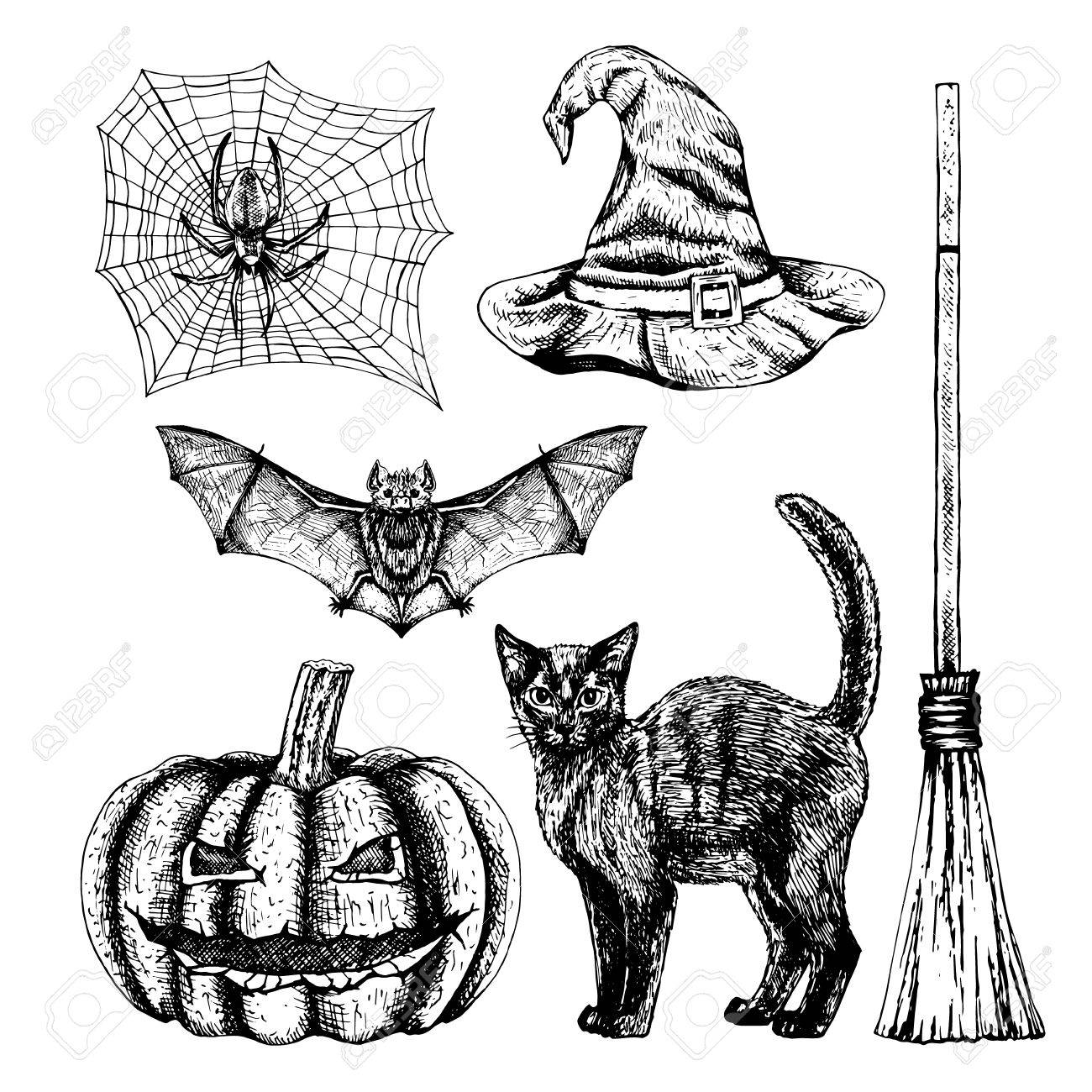1300x1300 Hand Drawn Halloween Set. Sketches Of Bat Spider Web Witch Hat
