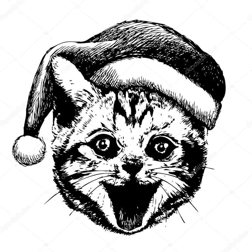 1024x1024 Little Cat, Kitten With Christmas Santa Hat Stock Vector