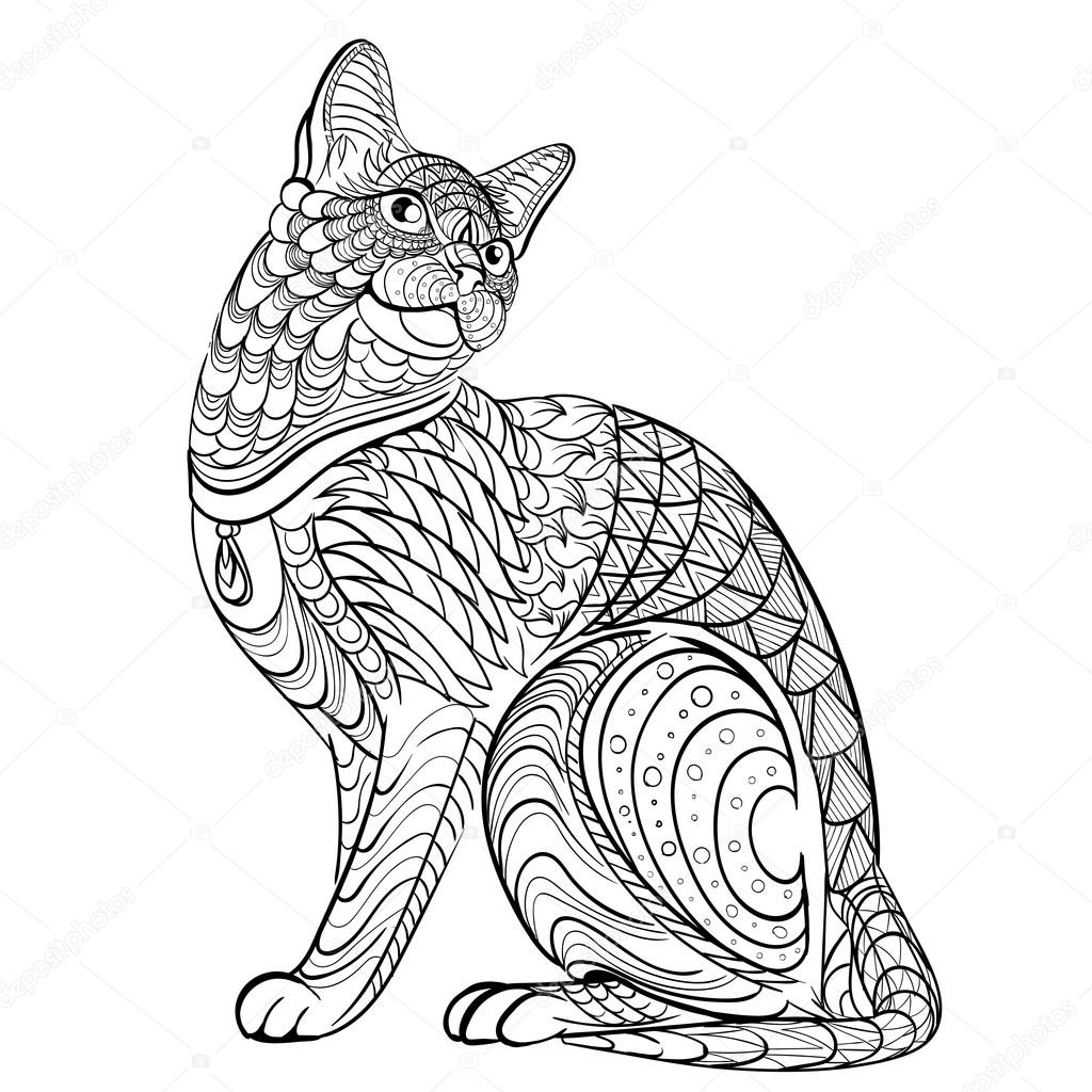 1024x1024 Hand Drawn Ink Pattern. Coloring Book Coloring For Adult Cat