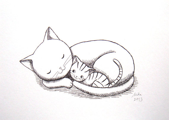 570x405 Cat Kitten Ink Drawing Print Mother's Love Illustration By Mikaart