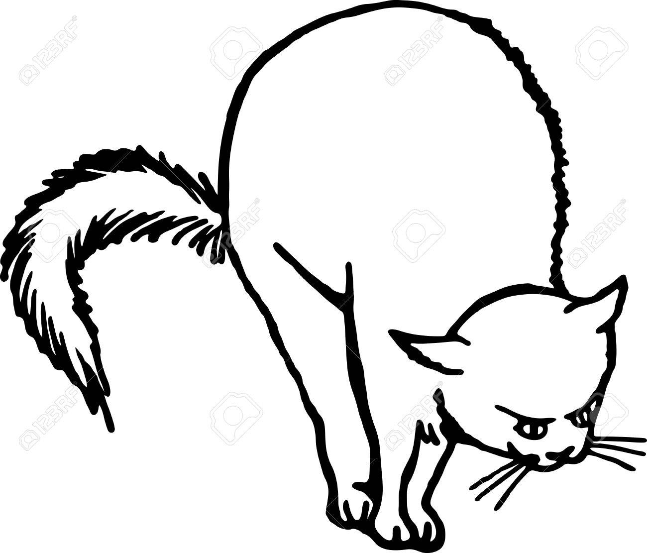 1300x1111 Simple Black And White Line Drawing Of A Scared Cat. Stock Photo
