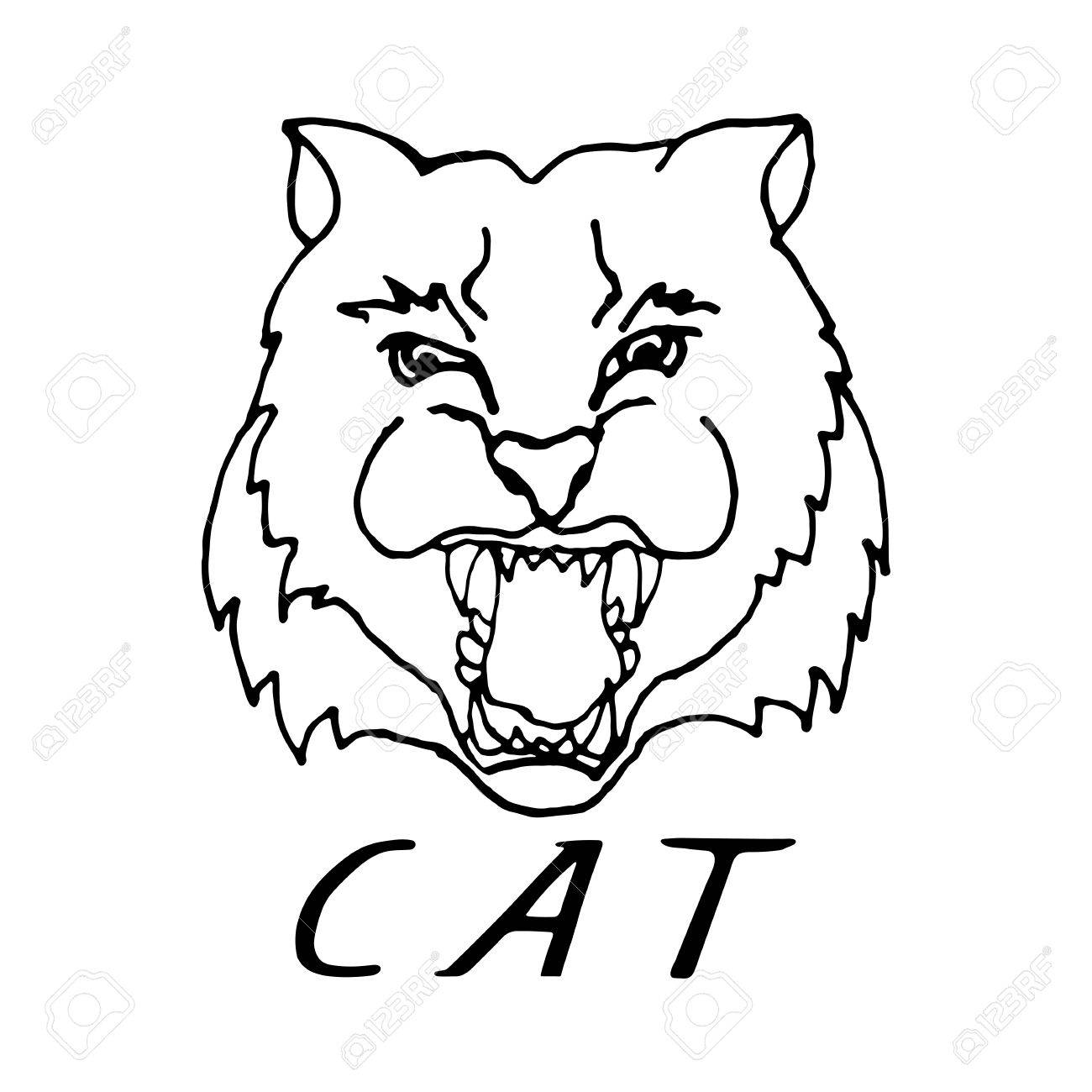 1300x1300 Hand Draw Head Screaming Cat With Big Teeth In Black And White