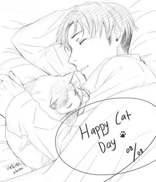 500x583 Happy World Cat Day Boy Sleeping With Cat Pencil Drawing