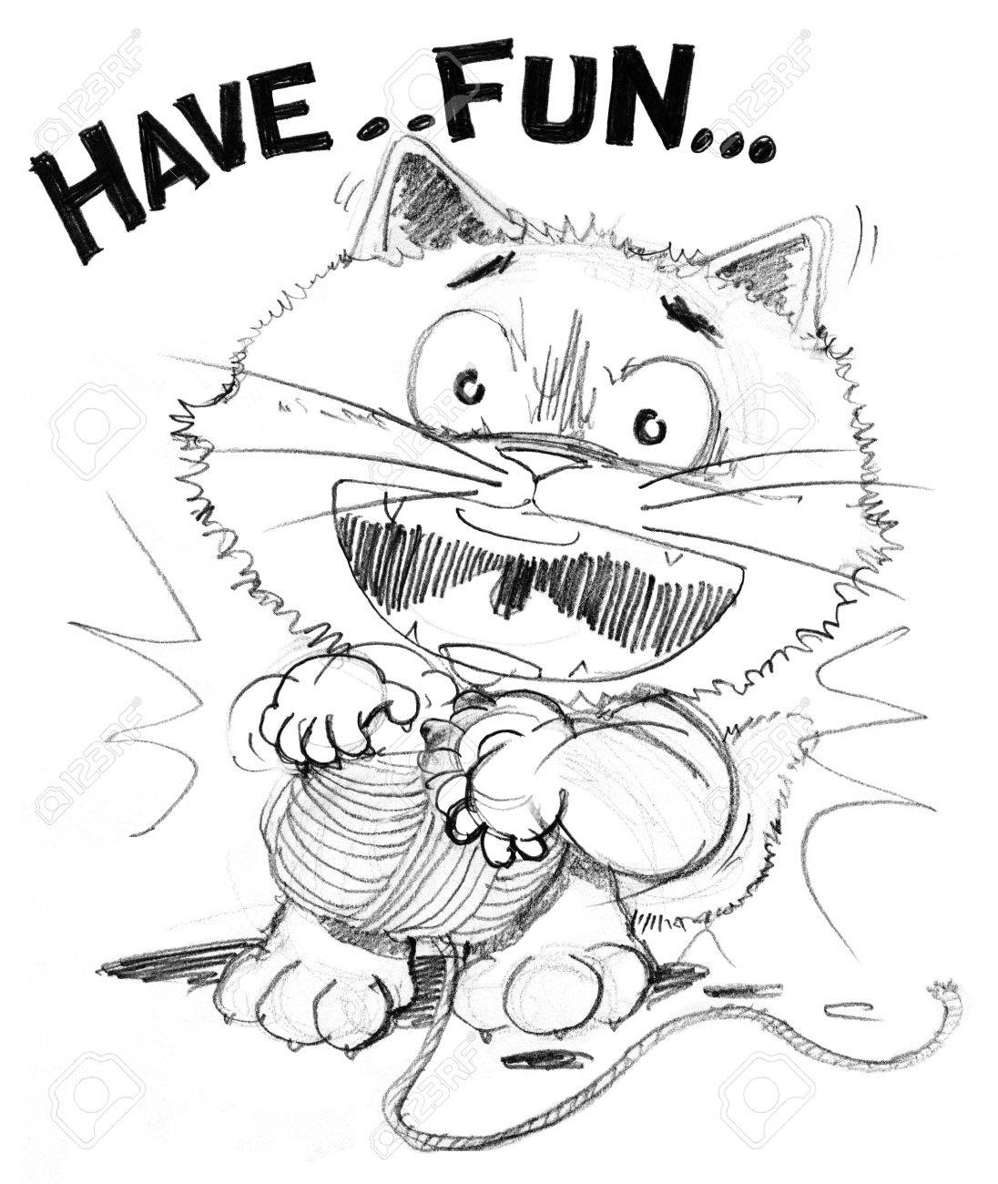 1096x1300 Cat Cartoon Playing Yarn Have Fun, Character Pencil Sketch Design