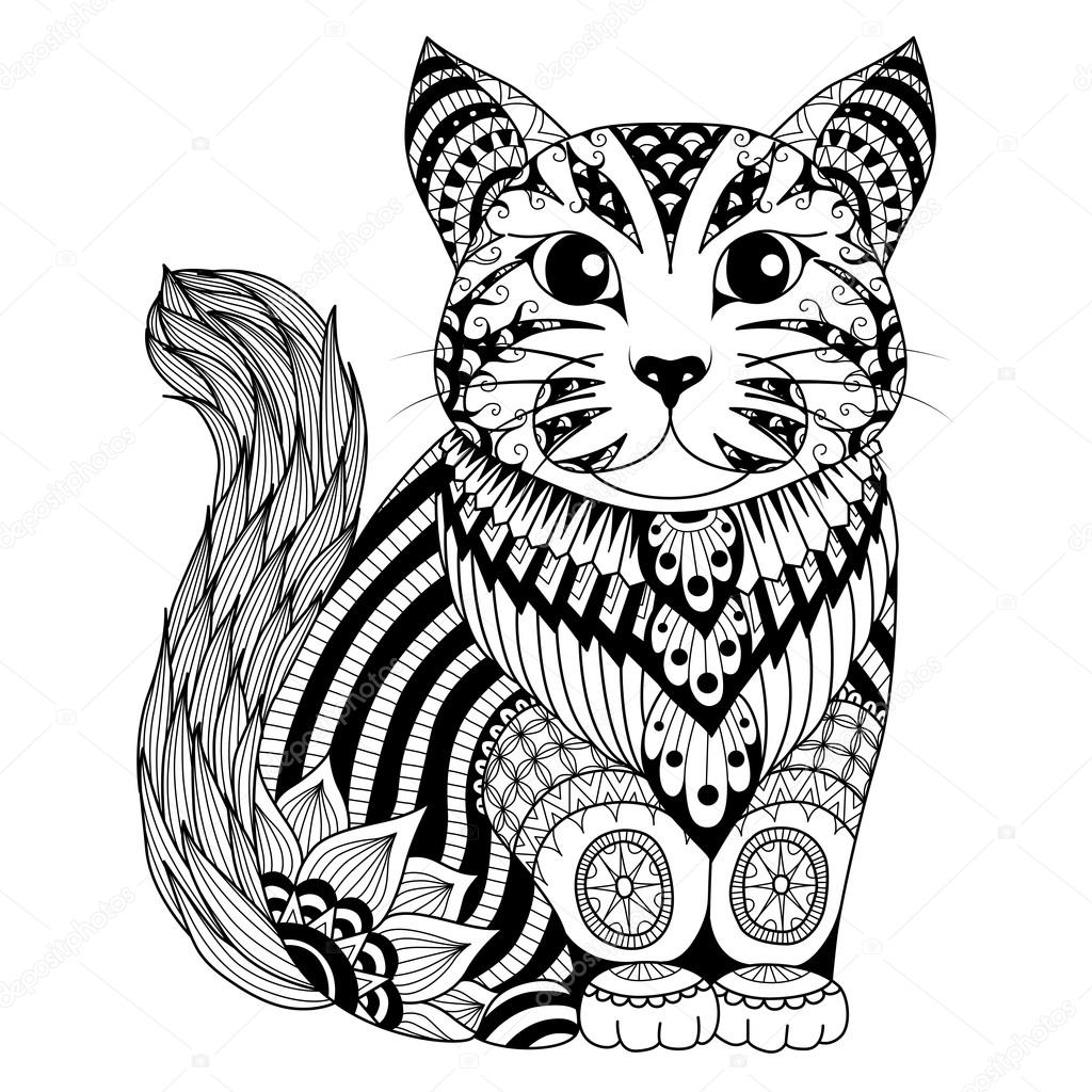 1024x1024 Drawing Zentangle Cat For Coloring Page, Shirt Design Effect, Logo