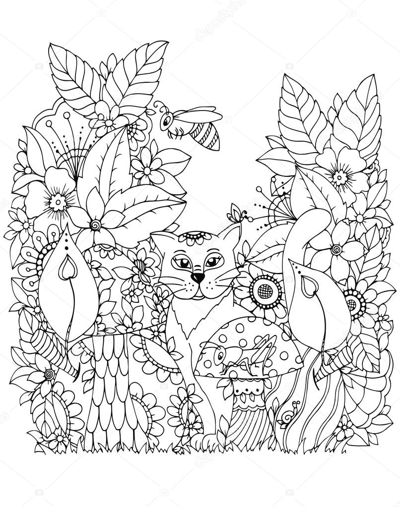 806x1023 Vector Illustration Zen Tangd, Cat Sitting In The Flowers. Doodle