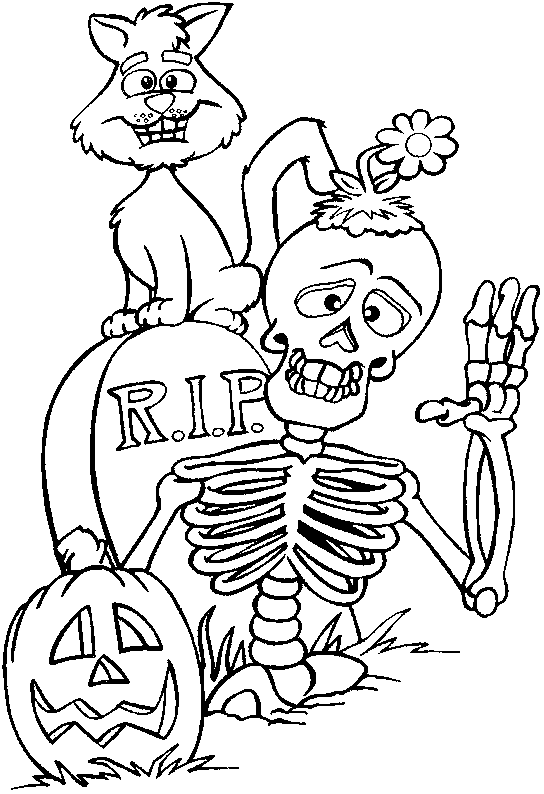 544x794 Coloring A Skeleton, A Tomb Stone, A Black Cat And A Pumpkin