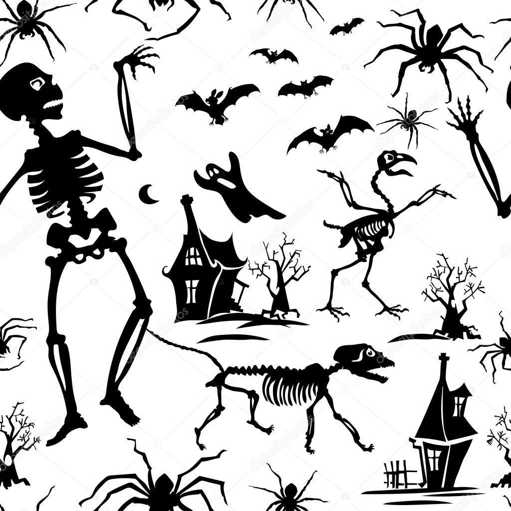 1024x1024 Pattern, Black And White, Silhouette, Skeleton, Bat, Chicken