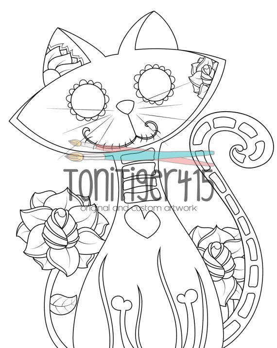 570x717 Sugar Skull Cat Drawing Instant Digital Download Coloring
