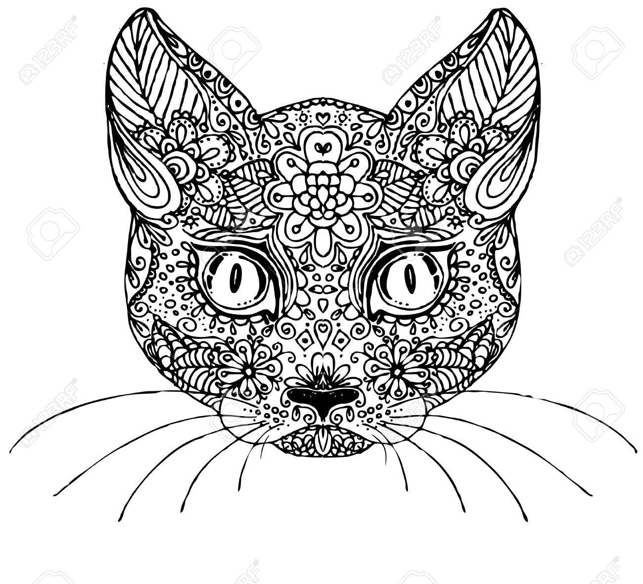 1300x1182 Hand Drawn Doodle Cat. Sketch For Adult Antistress Coloring Page