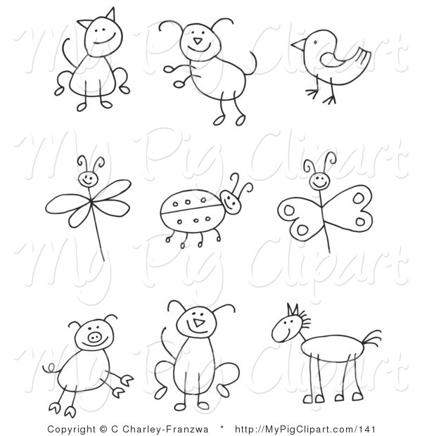 600x620 Swine Clipart Of A Stick Figure Cat, Dog, Bird, Dragonfly, Ladybug