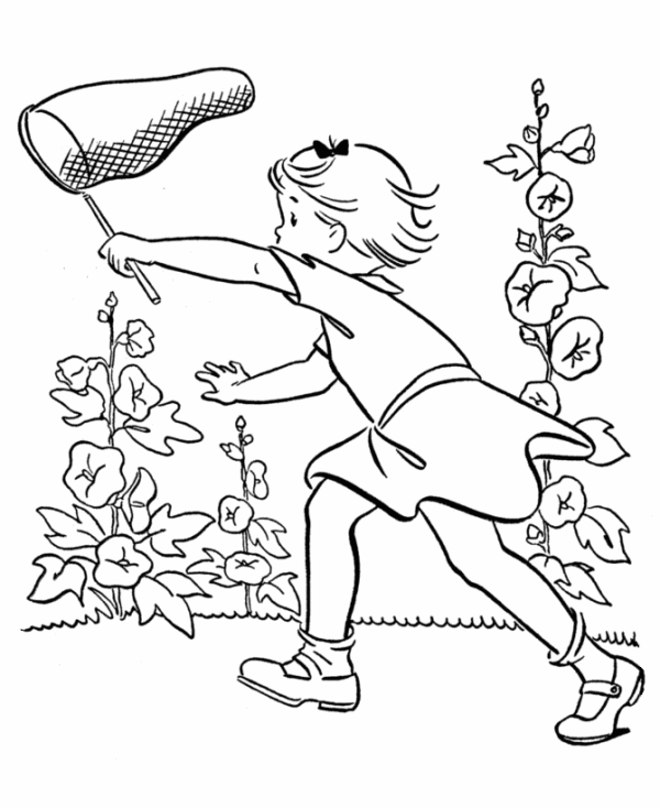 600x734 Little Girl Catch Butterfly On Garden Spring Coloring Pages