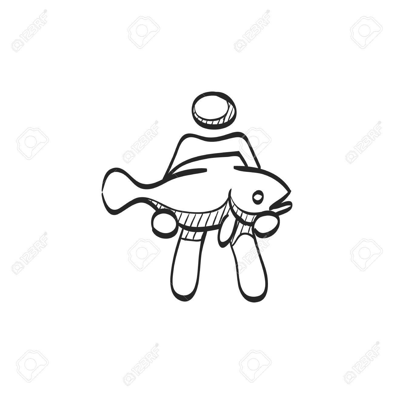 1300x1300 Man Holding Fish Icon In Doodle Sketch Lines. Fishing Fisherman