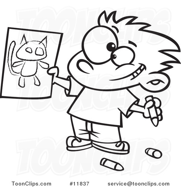 581x600 Cartoon Outlined Proud Boy Holding His Cat Drawing