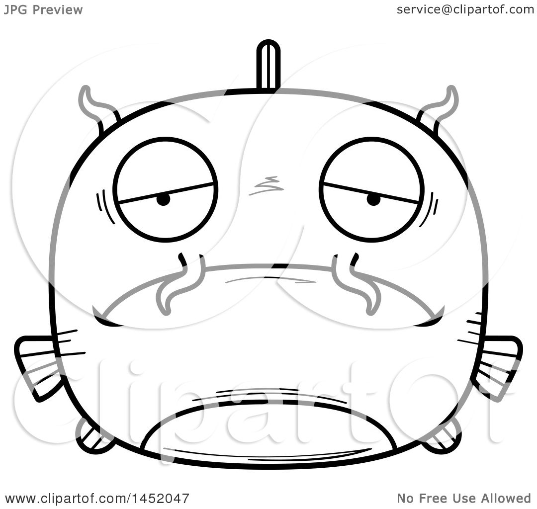 1080x1024 Clipart Graphic Of A Cartoon Black And White Lineart Sad Catfish