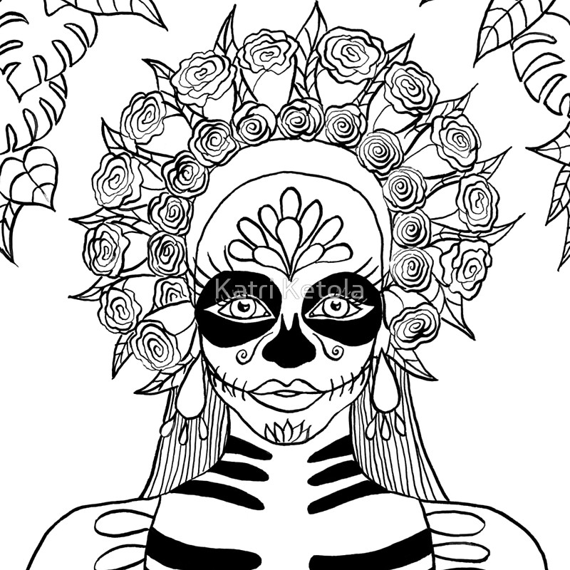 800x800 La Calavera Catrina Sugar Skull Ink Drawing Drawstring Bags By