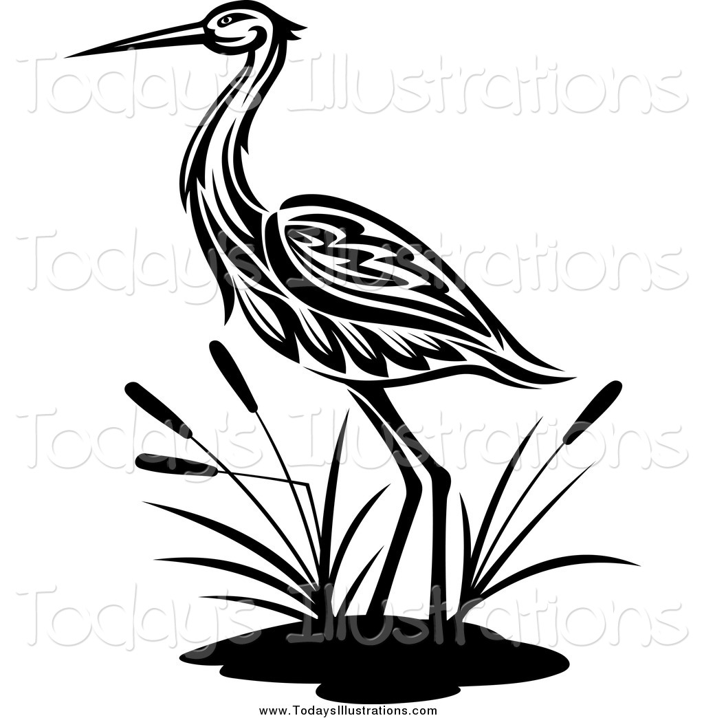1024x1044 Clipart Of A Black And White Crane By Cattails By Vector Tradition