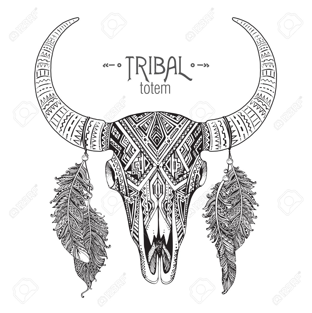 1299x1300 Hand Drawn Vector Illustration Of Bull Skull With Feathers. Ethnic