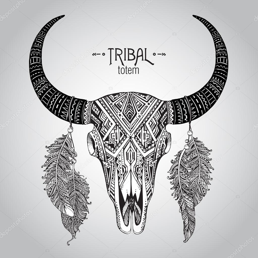 1024x1024 Hand Drawn Vector Illustration Of Bull Skull With Feathers