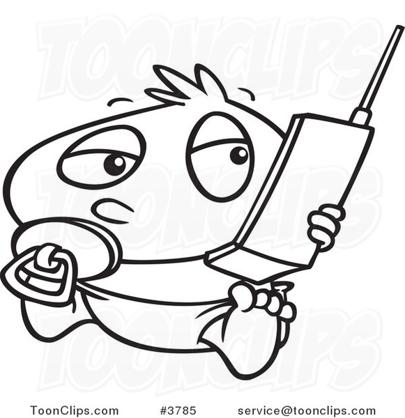 581x600 Cartoon Black And White Line Drawing Of A Baby Boy Using A Cell