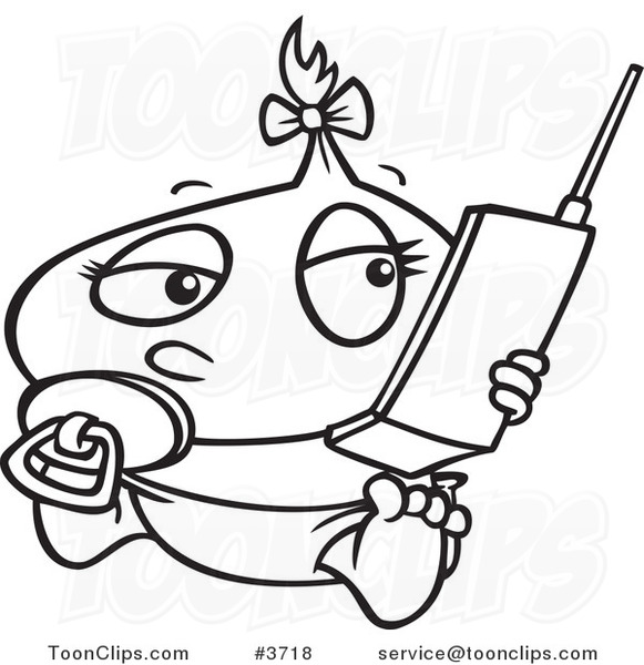 581x600 Cartoon Black And White Line Drawing Of A Baby Girl Using A Cell