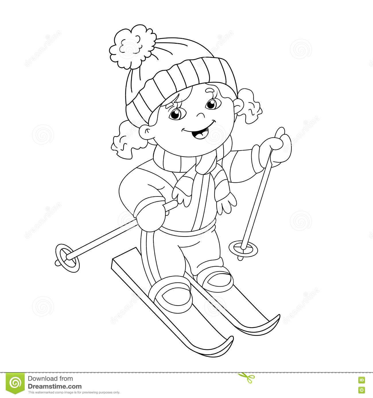 1300x1390 The Best Coloring Page Outline Of Cartoon Girl Riding On Skis
