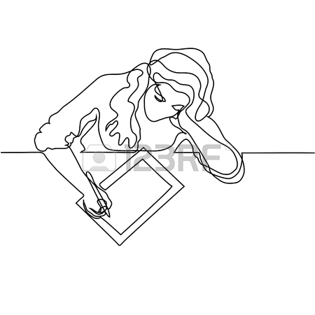 450x450 Continuous Line Drawing. Young Woman Showing Smartphone To Her