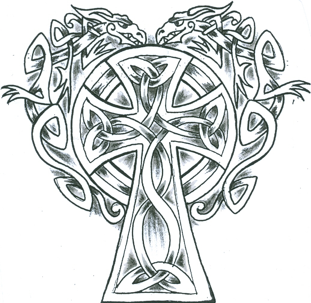 1035x1008 Simple Celtic Dragons Cross Tattoo Design