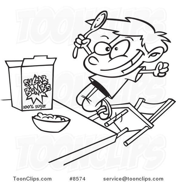 581x600 Cartoon Black And White Line Drawing Of A Boy Eating Sugary Cereal