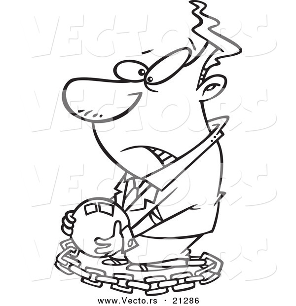 600x620 Vector Of A Cartoon Chained Businessman Carrying A Ball