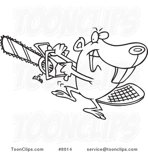 581x600 Cartoon Black And White Line Drawing Of A Beaver Using A Chainsaw