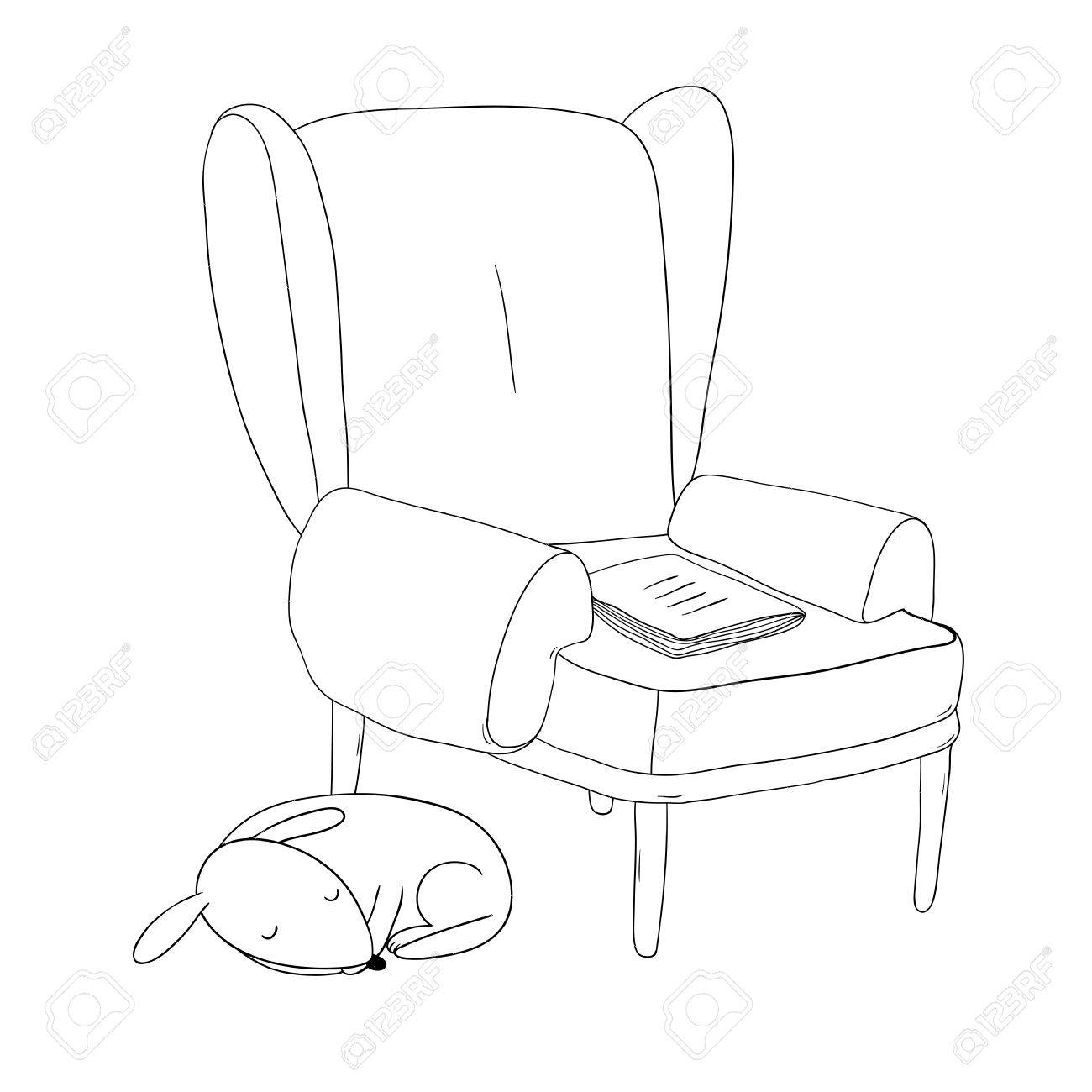 1300x1300 Beautiful Vintage Chair, Notebook And A Cute Dog. Hand Drawing