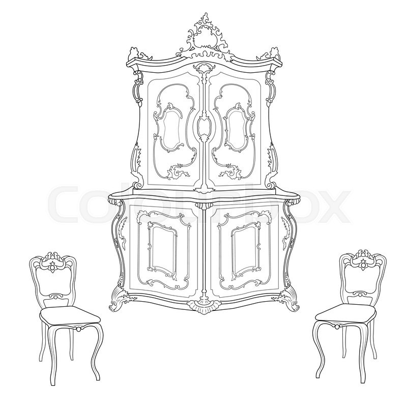 800x800 Drawing Cabinet And Two Chairs In The Baroque Style Stock Vector