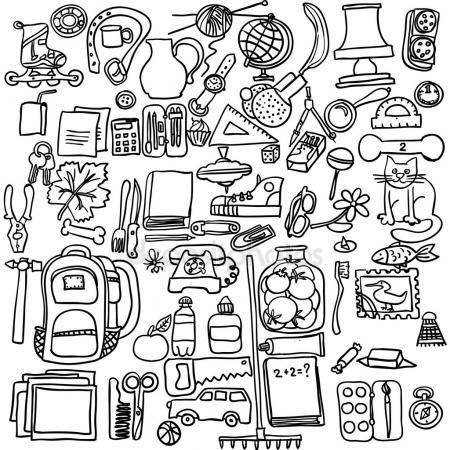 450x450 Freehand Chalk Drawing School Items On The Black Chalkboard. Back