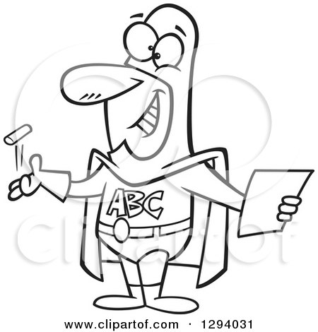 450x470 Lineart Clipart Of A Black And White Cartoon Happy Male Super Hero