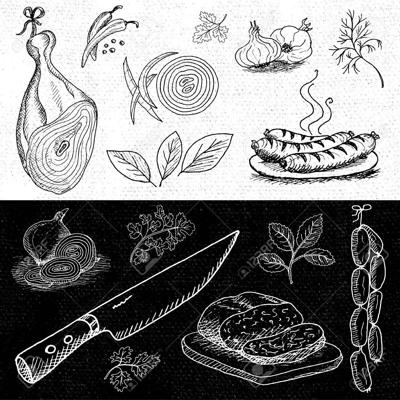 1299x1300 Set Of Chalk Hand Drawn, In Sketch Style, Food And Spices, Black