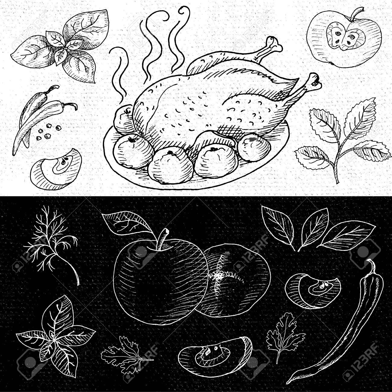 1299x1300 Set Of Chalk Hand Drawn, In Sketch Style, Food And Spices, Black