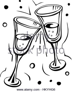 300x387 Hand Drawn Illustration Of Champagne, Glasses And Roses Stock