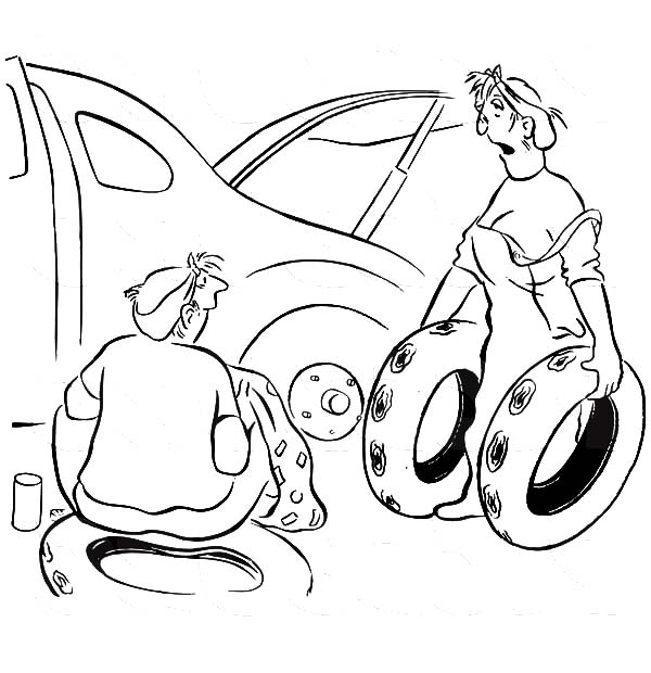 600x620 Wife Helping Her Husband Changing Flat Car Tire Coloring Pages